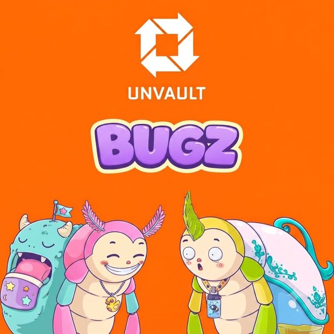 Promotional artwork featuring the 'UNVAULT' logo and stylized purple 'BUGZ' text above colorful cartoon bug characters on an orange background.