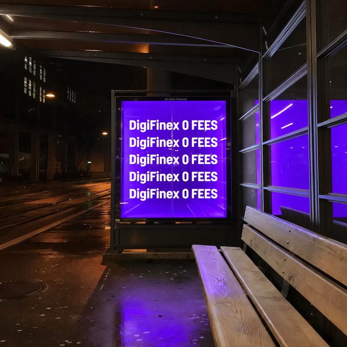 An illuminated bus stop advertisement displays 'DigiFinex 0 FEES' repeated five times on a purple background at night.