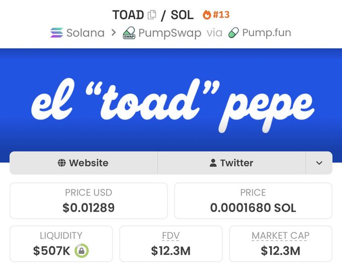A screenshot of the $TOAD (TOAD/SOL #13) token on Solana via PumpSwap and Pump.fun, showing a price of $0.01289 USD (0.0001680 SOL), liquidity of $507K, and a market cap of $12.3M under the tagline "el 'toad' pepe." The image supports the post's bullish sentiment by displaying the token's current market metrics, reinforcing the claim that a 10x is plausible from the $12.3M market cap shown.