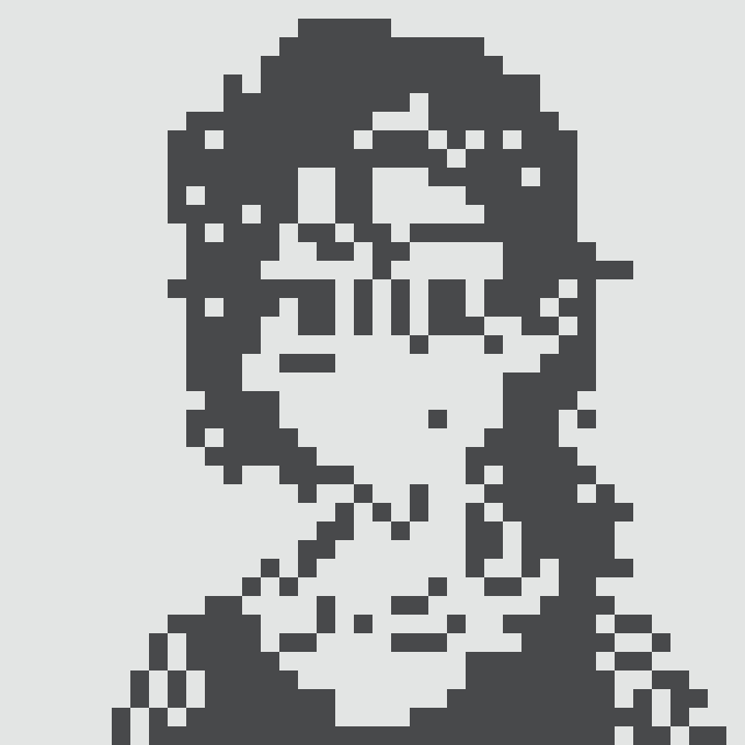 A pixelated portrait of a person wearing a cap and what appears to be a headset or VR device, rendered in a monochrome style.