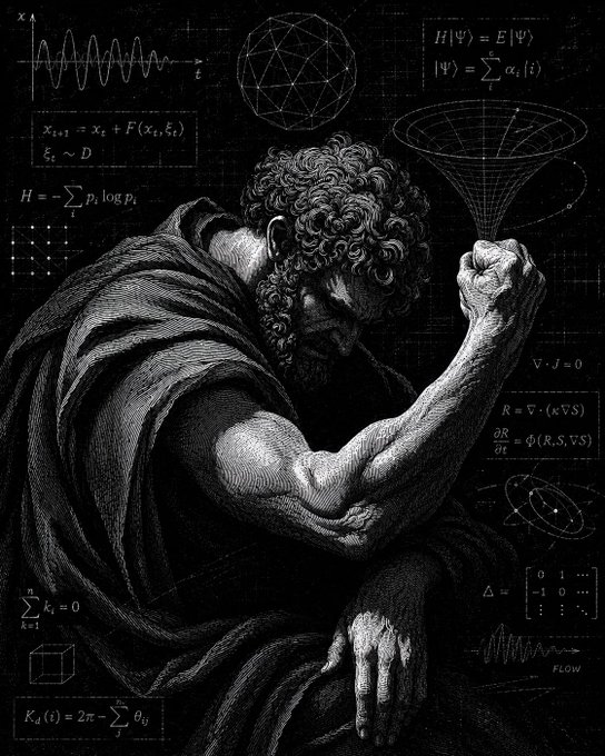 A black-and-white classical-style engraving of a bearded, muscular man flexing his arm, surrounded by mathematical and physical equations, graphs, and a geometric sphere.