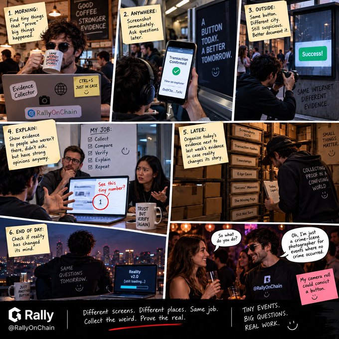 A six-panel comic strip for 'Rally @RallyOnChain' showing a man collecting evidence and verifying facts throughout his day, culminating in the tagline 'Different screens. Different places. Same job. Collect the weird. Prove the real.'