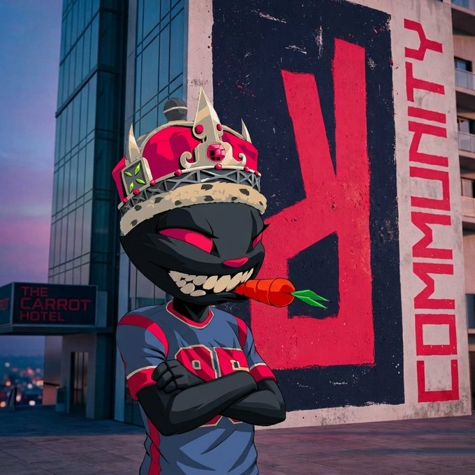 An illustrated poster features a black cartoon character wearing a crown and holding a carrot, with 'COMMUNITY' written vertically beside it and 'THE CARROT HOTEL' sign visible in the background.