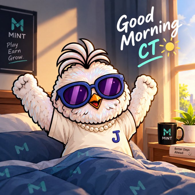 A colorful cartoon illustration of a fluffy white chicken wearing purple sunglasses and a pearl necklace, lying in bed with arms raised. The text 'Good Morning CT' appears with a sun icon, alongside 'MINT' branding with the tagline 'Play Earn Grow.'