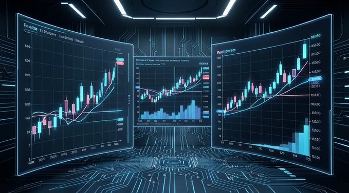 Three curved digital screens display candlestick financial charts with red and green bars against a circuit board background.