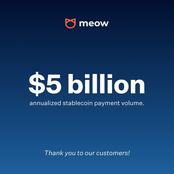 The image is a dark blue announcement graphic from Meow, featuring its orange cat logo at the top and large white text reading "$5 billion annualized stablecoin payment volume," with "Thank you to our customers!" displayed below—celebrating the milestone referenced in the accompanying post about Meow's growth and its partnership with Tempo.
