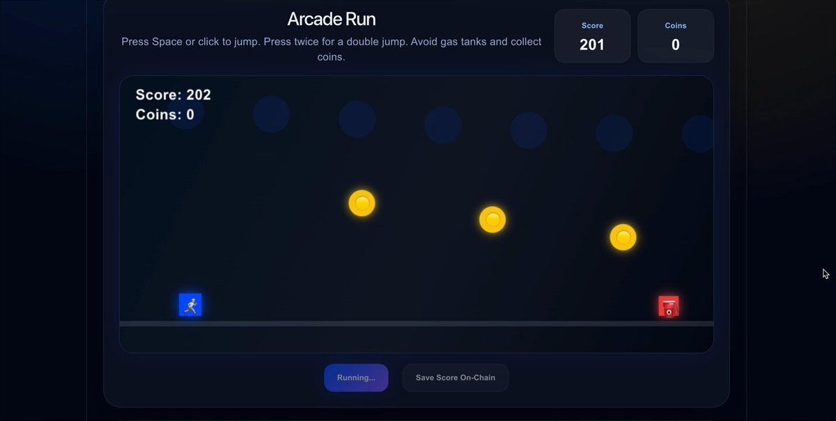 The image features a screen displaying an arcade game called "Rush on Base", with three coins on a digital scoreboard indicating that one of them has just been made in a rush to the base during gameplay. The game is set on "Arca Run" and involves players taking turns racing along a track, aiming for the base to score points as they pass through various obstacles. The player who reaches the base first wins the round, adding an element of competition to this fun gaming experience.