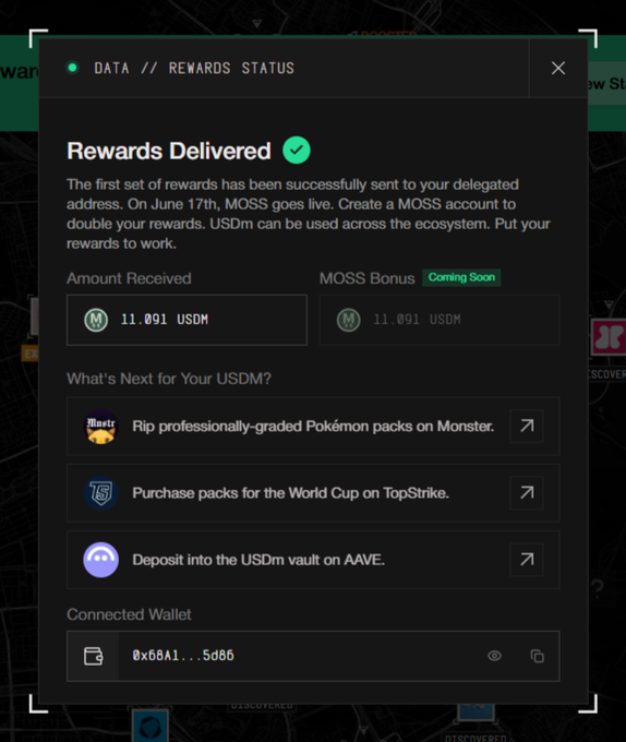 The image shows a screenshot of a rewards delivery screen for a gaming platform. The screen displays information about the reward status for a user named @ megaeth Terminal, including the amount received, the next set of rewards that will be delivered, and what is coming soon. The rewards are in US dollars (USDm) and include items such as Pokémon packs and Minecraft skins. The post mentions that the rewards were sent to Megaeth Terminal on June 17, 2016, and that they have been successfully sent.