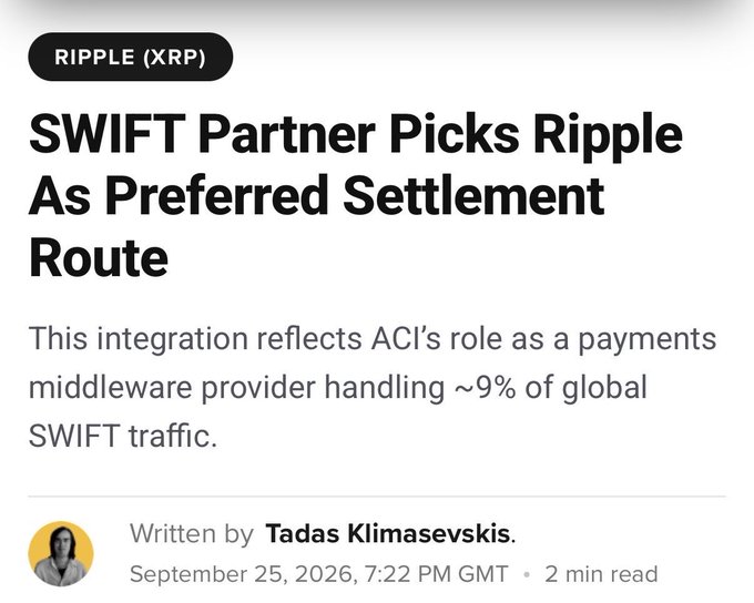 A news article headline reading 'SWIFT Partner Picks Ripple As Preferred Settlement Route' about ACI handling ~9% of global SWIFT traffic, written by Tadas Klimasevskis on September 25, 2026.