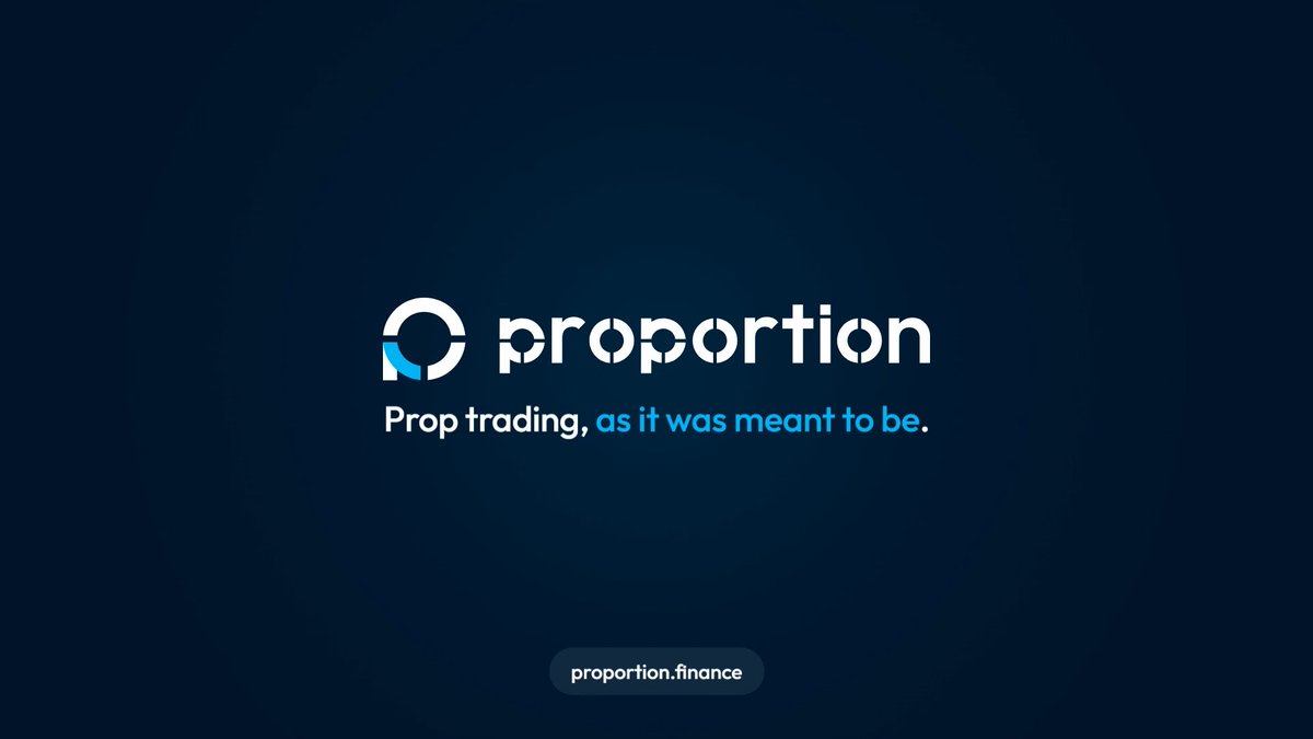 A logo screen for "proportion" with the tagline "Prop trading, as it was meant to be." and the website "proportion.finance" displayed on a dark blue background.