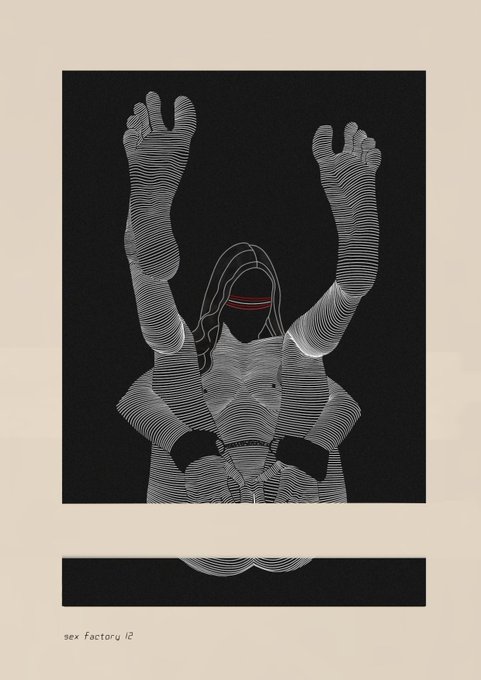 A stylized black and white poster art showing a hooded figure with a red headband, their arms raised and composed entirely of curved horizontal line patterns, with text reading 'sex factory 12' at the bottom.