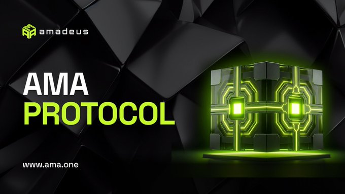 A promotional banner for 'AMA PROTOCOL' by Amadeus (www.ama.one), displaying a glowing green and black 3D cube/monolith graphic against a dark geometric background.