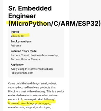 A job posting for a 'Sr. Embedded Engineer (MicroPython/C/ARM/ESP32)' at ConBitcore, posted 2026-07-08, for a full-time remote position in Toronto, Ontario, Canada. The description highlights responsibilities like firmware, board bring-up, debugging, manufacturing support, and shipping.