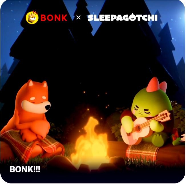 A promotional illustration for a 'BONK x SLEEPAGOTCHI' collaboration featuring an orange dog and a green creature with a pink bow playing a guitar by a campfire in a forest setting, with 'BONK!!!' text in the corner.