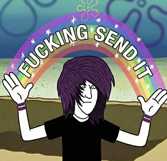 A cartoon illustration of a person with long purple hair in a black shirt with arms raised, set against a SpongeBob-style underwater background with a rainbow and the text 'FUCKING SEND IT' arched over them.