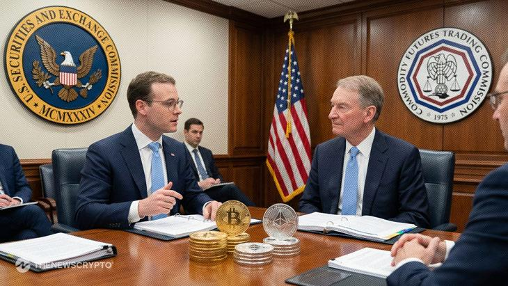 A meeting room scene with two officials in suits discussing, featuring the U.S. Securities and Exchange Commission seal and a 'Commodity Futures Trading Commission' seal in the background, with Bitcoin and Ethereum coins on the table.