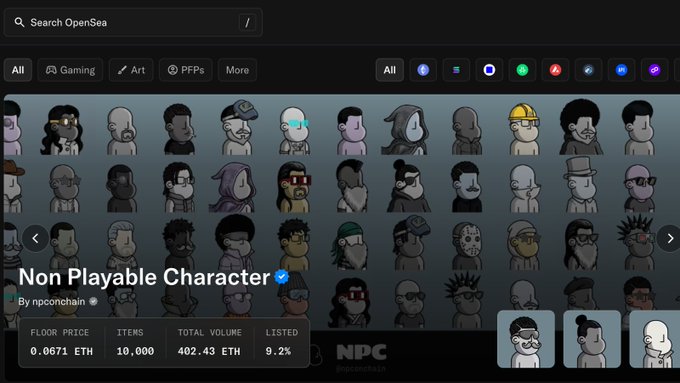 In the image, there are two cartoon characters standing side by side - a man with a goatee wearing sunglasses and a woman who has black hair and is wearing a black hat. They are displayed next to each other within a computer screen, which features an open-source gaming page that has various small images of players. The post in the image seems to be about @npconchain's latest game or collection, and it mentions how many characters are available for play as well as the current total volume. The most interesting part is that the post is about how few people actually knew about this game at first.