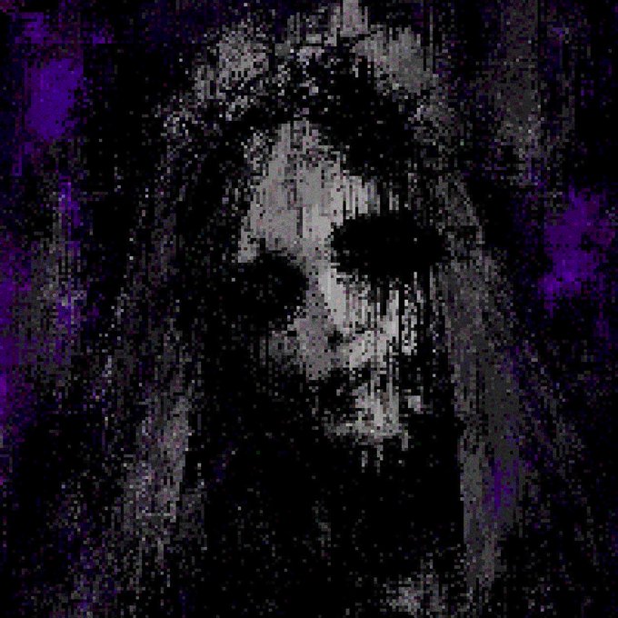 A dark, distressed, and pixelated artwork featuring a ghostly skull-like face surrounded by dripping textures in a purple and black color palette.