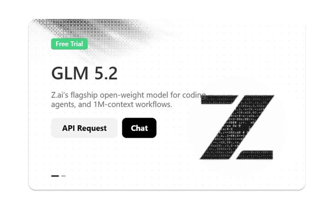 The image features a white background with black text that reads "FREE TRIAL GLM 5.2". Below this, there are two buttons - one labeled "FREE TRIAL" and another labeled "APPLICATION". The text also mentions an API key for accessing the best model in the market at no cost.