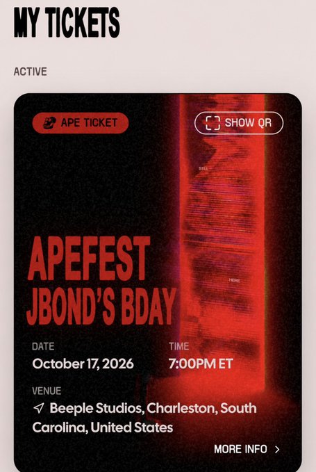 A mobile ticket screen showing an 'APEFEST JBOND'S BDAY' APE Ticket for October 17, 2026, at 7:00 PM ET, held at Beeple Studios in Charleston, South Carolina, United States.