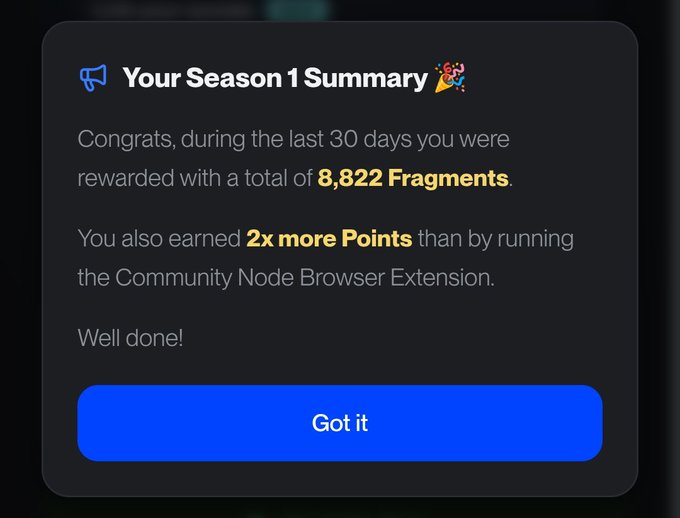 The image shows a screen that displays a summary about someone's achievements. It mentions "2X more points" and "8,820 fragments", indicating the person has gained more than 8,820 points or completed more than 2,920 fragments. The screen also reads that this achievement was received by running @Appreciators_IO of @3look_io and @useTria, suggesting recognition for their efforts in solving a puzzle using these platforms.
