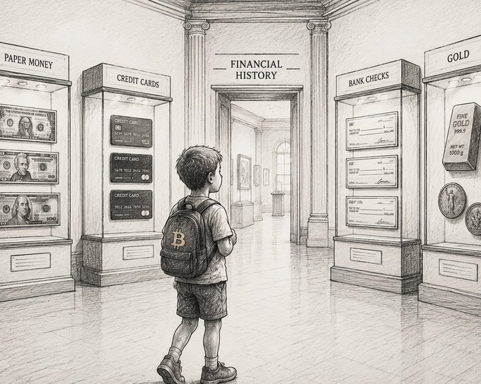 A young boy wearing a Bitcoin-themed backpack stands in a "Financial History" museum, surrounded by display cases labeled "Paper Money," "Credit Cards," "Bank Checks," and "Gold" (including a 999.9 fine gold bar). The image illustrates the post's point by depicting future generations literally viewing our current inflation-prone fiat currencies as historical artifacts in a museum—suggesting that sound money like Bitcoin is the norm they'll inherit, while our depreciating paper currency becomes a relic of the past.