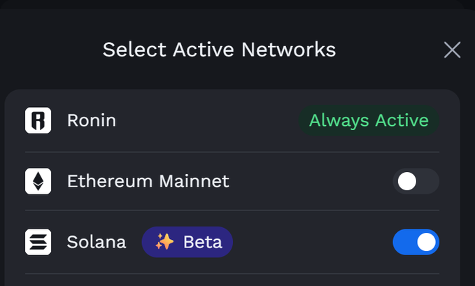 The image shows an interface with three options displayed for selecting active networks - Ronin, Etherium Mainnet, and Solana. The first option is Ronin, while the other two are Etherium Mainnet and Solana. The screen also has a button labeled "Always Active" that is currently green. This suggests that the user's active network is Etherium Mainnet or Solana.