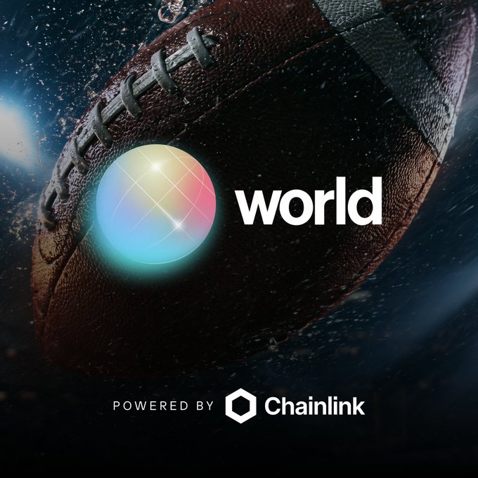 A promotional graphic featuring a football splashing through water with a colorful sphere logo and the word 'world', with 'POWERED BY Chainlink' at the bottom.