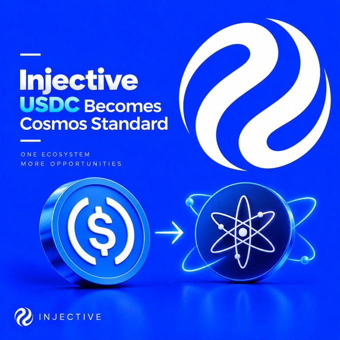 A blue promotional graphic for Injective announces that 'USDC Becomes Cosmos Standard' with the tagline 'ONE ECOSYSTEM MORE OPPORTUNITIES', showing a USDC coin transitioning with an arrow to a Cosmos atom symbol.