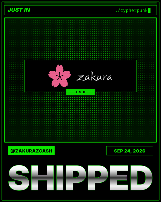 A cyberpunk-styled announcement graphic dated SEP 24, 2026, featuring a green digital frame with "JUST IN" and "./cypherpunk" headers, displaying the "Zakura" logo (a pink cherry blossom with "z" in the center) alongside version "1.5.0" and the handle "@ZakURAZCASH," with a bold "SHIPPED" banner at the bottom announcing the new release.