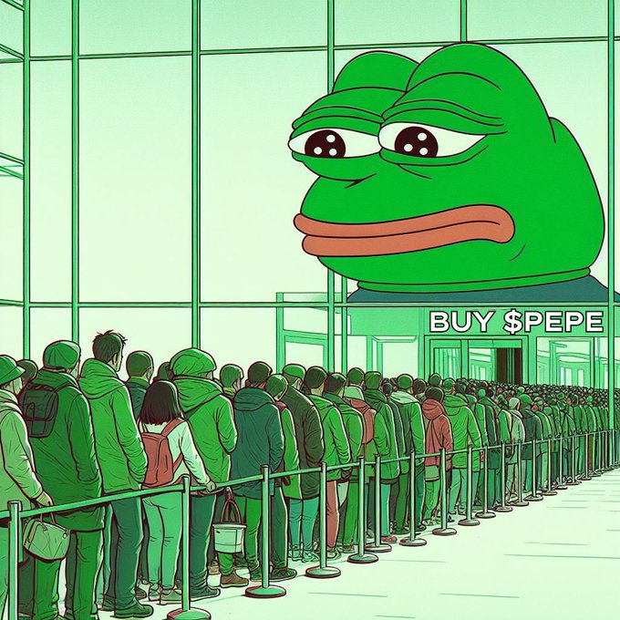 The image features a large green frog with a sad expression, standing behind a line of people waiting outside a store or building. The caption for the image reads "Buy $PEPE" which suggests that the frog might be selling something related to Peanuts. This could possibly be an advertisement or promotion for the Peanuts comic strip series.