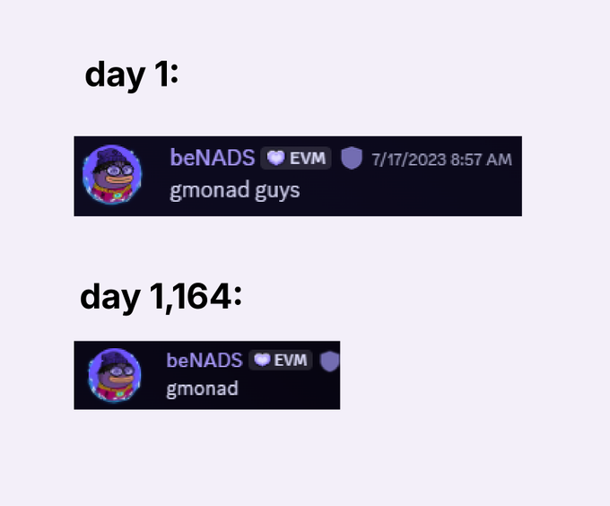 A meme showing two Discord messages from user "beNADS" with an EVM badge, comparing "day 1: gmonad guys" dated 7/17/2023 to "day 1,164: gmonad", highlighting persistence.
