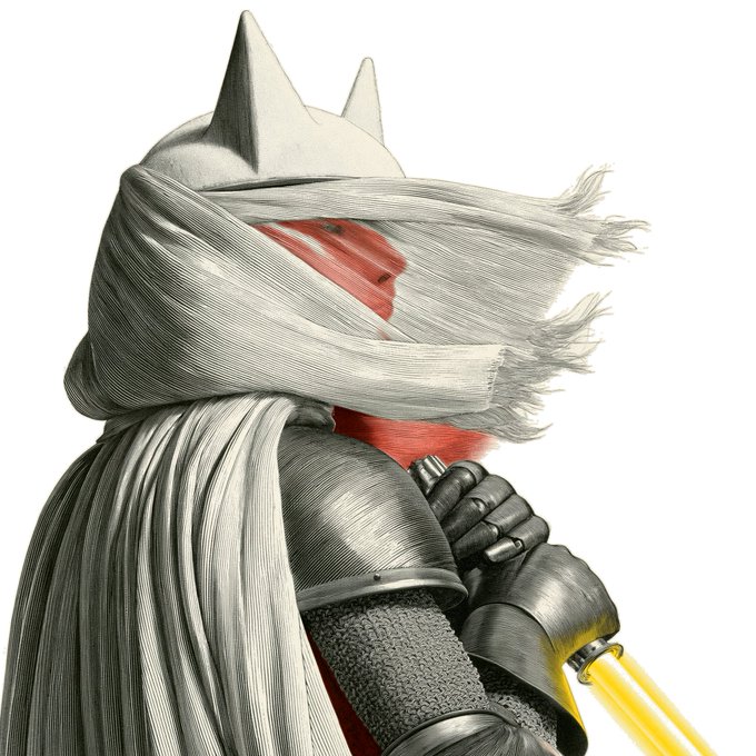 An illustrated artwork of a warrior figure wearing a spiked helmet and flowing gray scarf, wielding a yellow lightsaber.