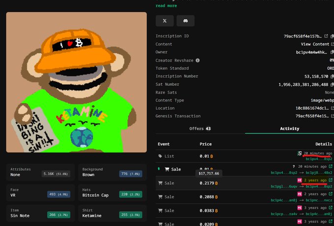 This image shows a Magic Eden NFT listing for a Puppet NFT (Inscription ID: 79acf658f4e157b...), featuring a pixel art monkey wearing a "I ❤ $" cap and a green "KETAMINE" shirt holding a "JUST BING BAIT" sign, with an inscription number of 53,158,570 and priced at 0.01 B (~$459). The caption "Been a long two years for this Puppet holder" relates to the item, referencing the prolonged ownership period of this Bitcoin Ordinals NFT and likely highlighting the contrast between its current low listing price and the patience required to hold it through the market's ups and downs.