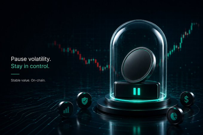 A promotional graphic featuring a black coin-like object with a pause symbol under a glass dome, with the tagline 'Pause volatility. Stay in control. Stable value. On-chain.' and surrounding icons representing analytics, security, dollars, and pie charts.