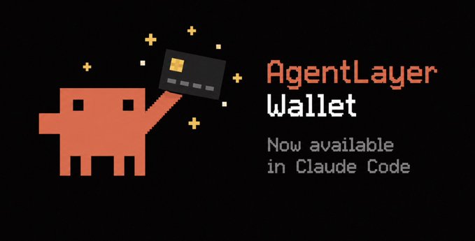 The image features a cartoon dog holding a credit card over its head with "AgentLayer Wallet" written above it. The text below the dog reads, "Now available in Claude Code", indicating that the wallet can be used within theClaude Flow ecosystem. This implies that the wallet is compatible with the Agent Layer plugin and can be utilized for various purposes such as transferring value or making payments across different Ethereum nodes.