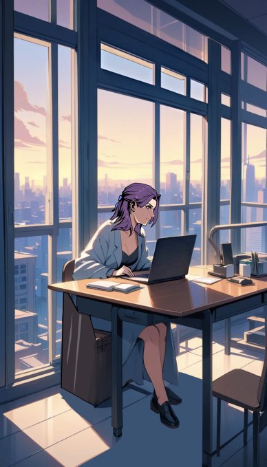 An anime-style woman works on a laptop at a desk in a high-rise office overlooking a sunset city skyline. No visible text appears in the image; it serves as a general illustration for the accompanying post about GRVT burning 1.1 million $GRVT and launching Grvt Earn with yields targeting up to 11%.