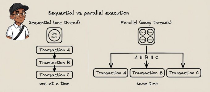 An educational diagram titled 'Sequential vs parallel execution' compares processing transactions one at a time on a single CPU core versus simultaneously across multiple cores.