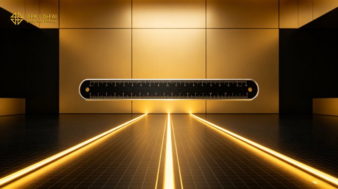 A glowing golden ruler floats against a luxurious gold-tiled backdrop with light beams radiating from the floor, symbolizing measurement and precision. The image reinforces the post's message about Arkie AI App enabling ARK users to quantify and track their Web3 progress through AI Agents, with the partial text "ARK | DeFAI" and "Building the future" visible in the corner.