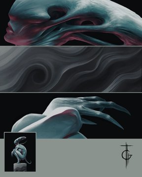 A multi-panel digital artwork featuring flowing, organic shapes in blue and red tones, with a small thumbnail and signature at the bottom.