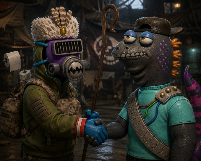 Two anthropomorphic post-apocalyptic characters shaking hands in a dilapidated setting; one wears a gas mask and feather headdress, while the other is a reptilian creature with spikes wearing a baseball cap and teal shirt.