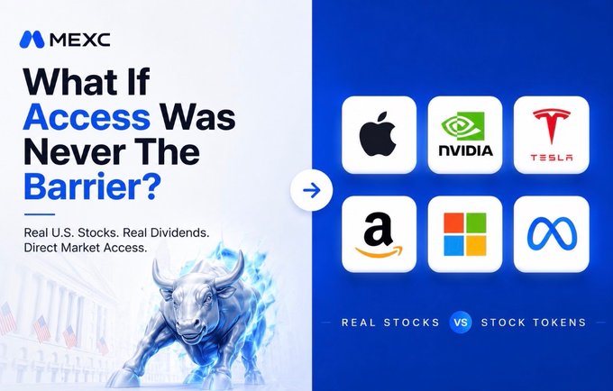 The image features a poster with a bull and a building behind it. The text on the poster reads "What if access was never the barrier?" Below this, there are six different logos representing various companies such as Apple, Tesla, Amazon, Microsoft, Google, and Facebook. The text also includes some information about real assets and stock tokens.