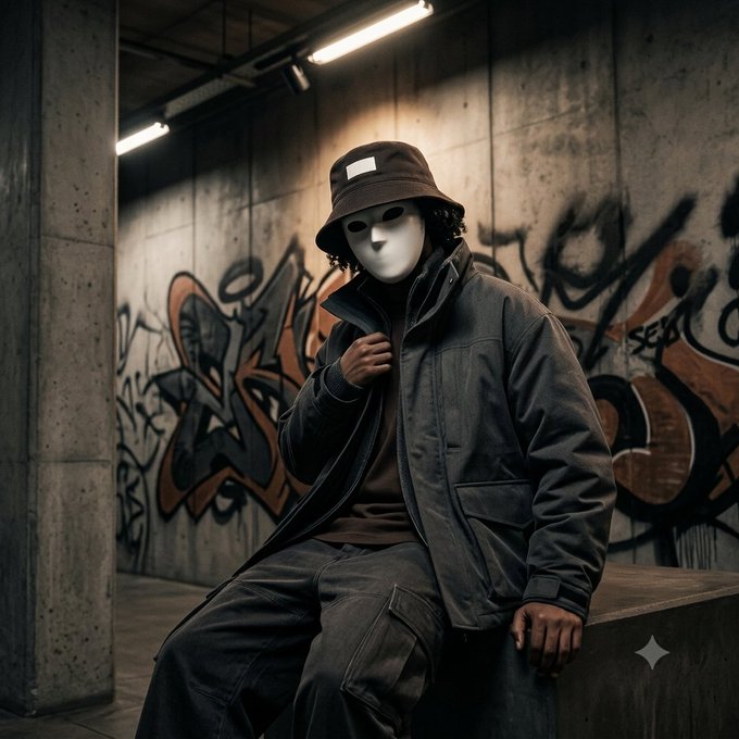 A person wearing a white mask, dark bucket hat, and gray puffer jacket sits on a concrete ledge in an urban setting with graffiti on the walls behind them.
