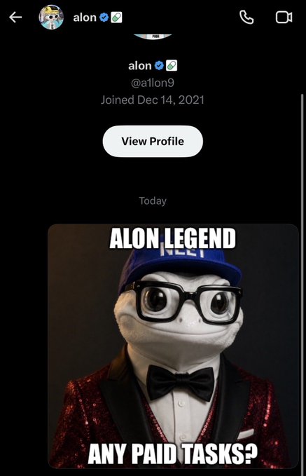 Screenshot of an X/Twitter profile for 'alon (@a1lon9),' displaying a meme of a frog in glasses and a tuxedo with the text 'ALON LEGEND' and 'ANY PAID TASKS?'.