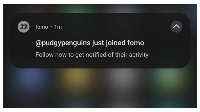 A mobile notification from 'fomo' stating '@pudgypenguins just joined fomo. Follow now to get notified of their activity.'