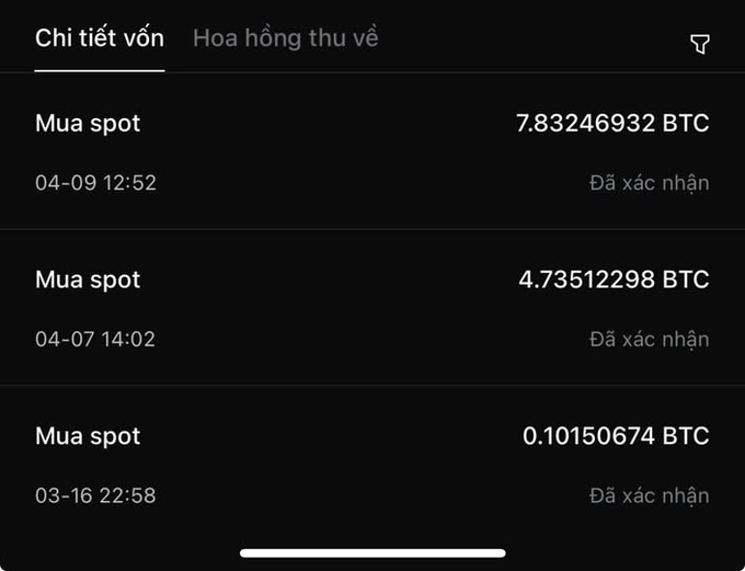 A cryptocurrency transaction history screen in Vietnamese showing three 'Mua spot' (Spot Buy) purchases: 7.83246932 BTC on 04-09, 4.73512298 BTC on 04-07, and 0.10150674 BTC on 03-16, all marked as confirmed ('Đã xác nhận').