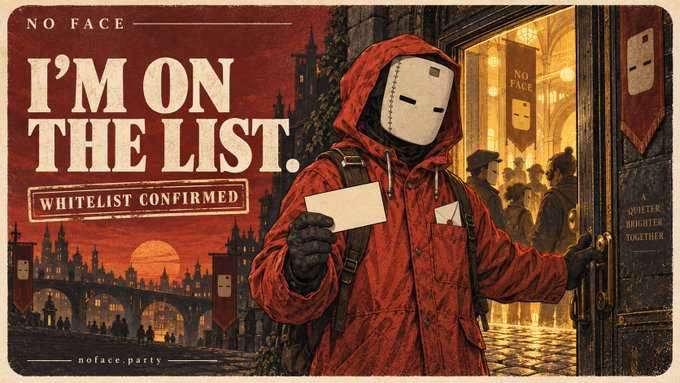 A figure in a red hooded jacket and white mask holds a confirmation card beside the bold text "I'M ON THE LIST. WHITELIST CONFIRMED" and "NO FACE," celebrating whitelist approval. The poster ties to the project's whitelist launch by inviting verified members to share their NO FACE cards via noface.party/checker, while others can still apply at noface.party/apply.