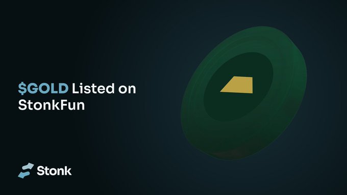 The image is a dark promotional graphic with text on the left reading "$GOLD Listed on StonkFun" and the "Stonk" logo at the bottom, while a large dark green circle containing a gold bar icon is featured on the right. It visually announces the listing of the $GOLD token (from OroGold) on the StonkFun platform, aligning with the post's message about launching gold-paired coins on StonkFun.