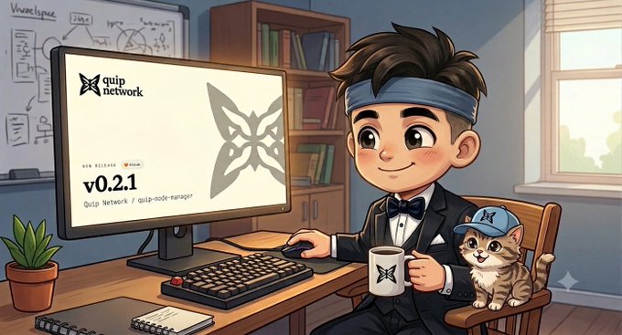 An illustrated cartoon character wearing a tuxedo and blue headband sits at a computer displaying 'quip network v0.2.1', with a small cat companion on the chair beside him.
