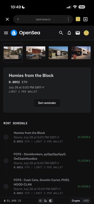 A mobile screenshot of the OpenSea NFT minting page for the "Homies from the Block" collection, priced at 0.0052 ETH with a limit of 2 per wallet, scheduled to start July 28 at 5:00 PM GMT+1, alongside an FCFS schedule showing eligibility for various communities including Stonkbokers, OnChainHoodies, and Cash Cats. The post confirms the user shared 30 guaranteed spots with eligibility marked across their communities, aligning with the on-screen mint details and "ELIGIBLE" tags.